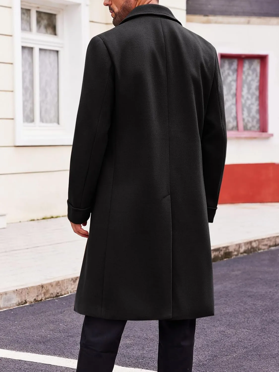 Runcati Mens Trench Coat Notch Lapel Double Breasted Peacoat Wool Blend Casual Long Overcoat