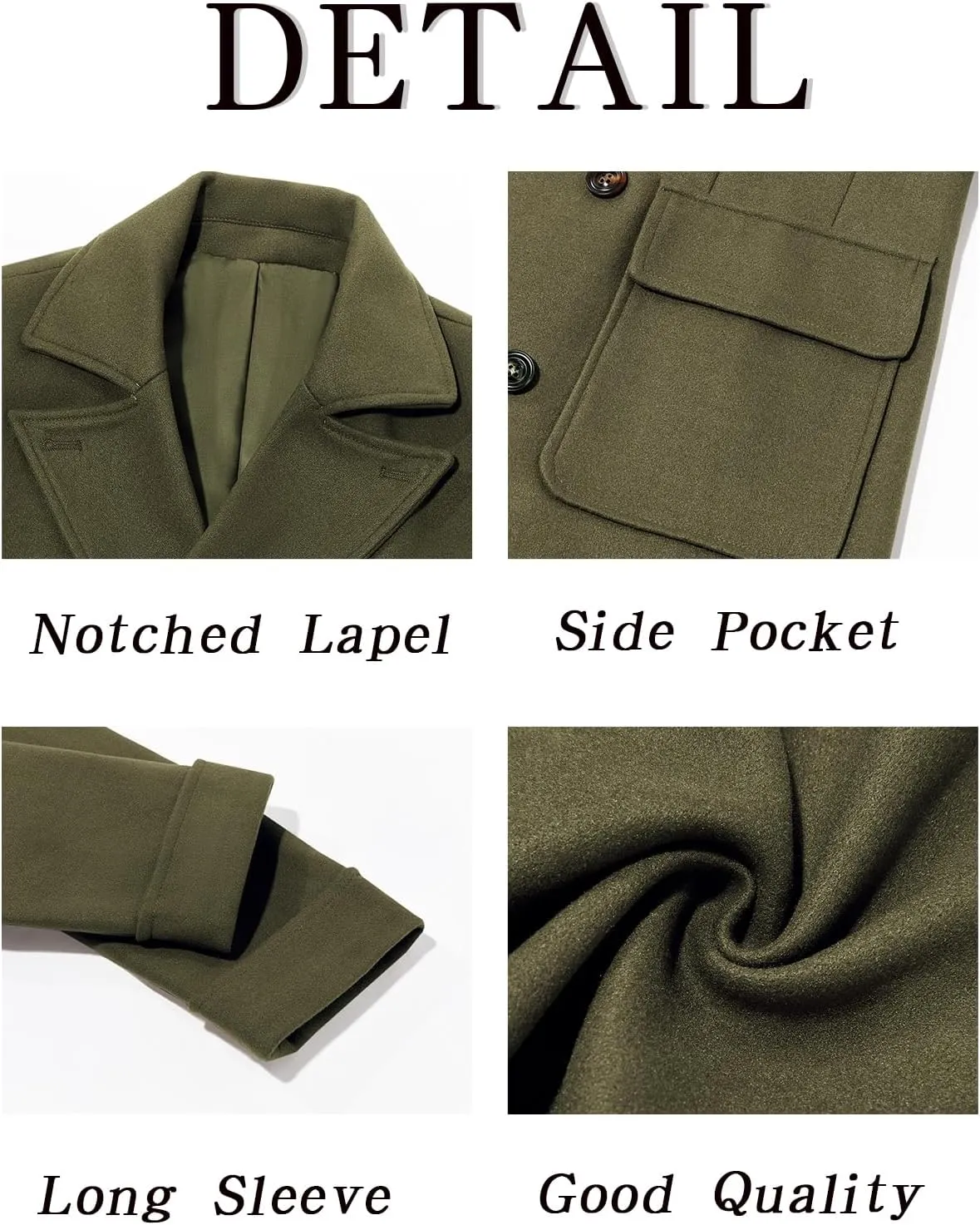 Runcati Mens Trench Coat Notch Lapel Double Breasted Peacoat Wool Blend Casual Long Overcoat