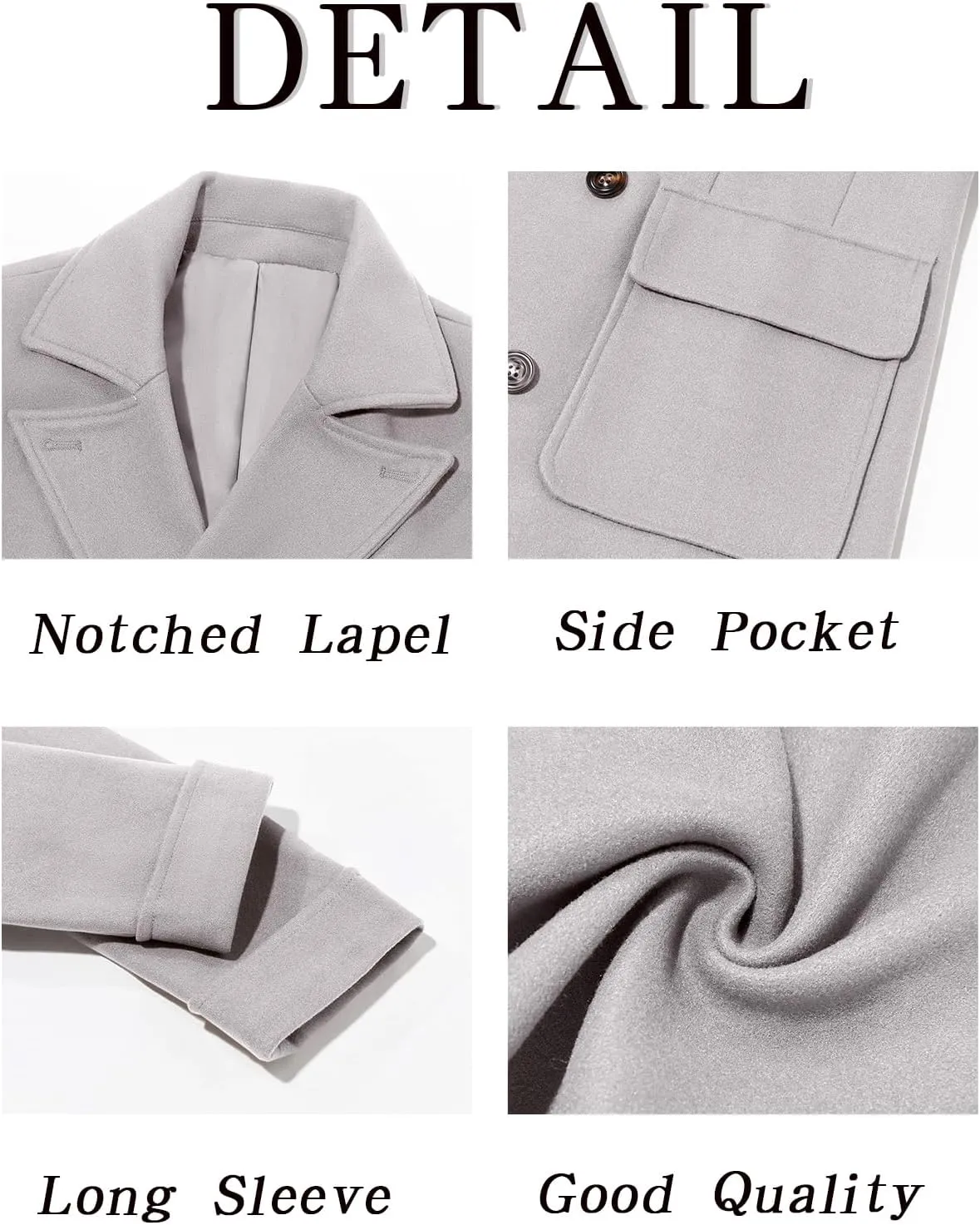Runcati Mens Trench Coat Notch Lapel Double Breasted Peacoat Wool Blend Casual Long Overcoat