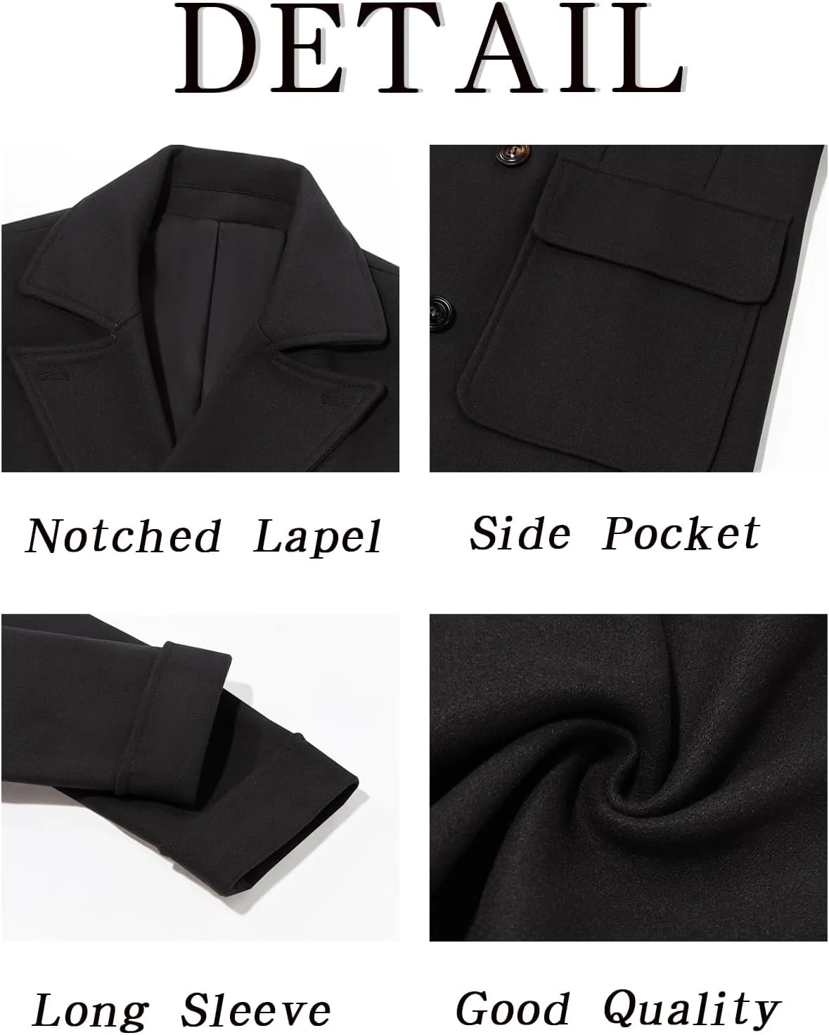 Runcati Mens Trench Coat Notch Lapel Double Breasted Peacoat Wool Blend Casual Long Overcoat