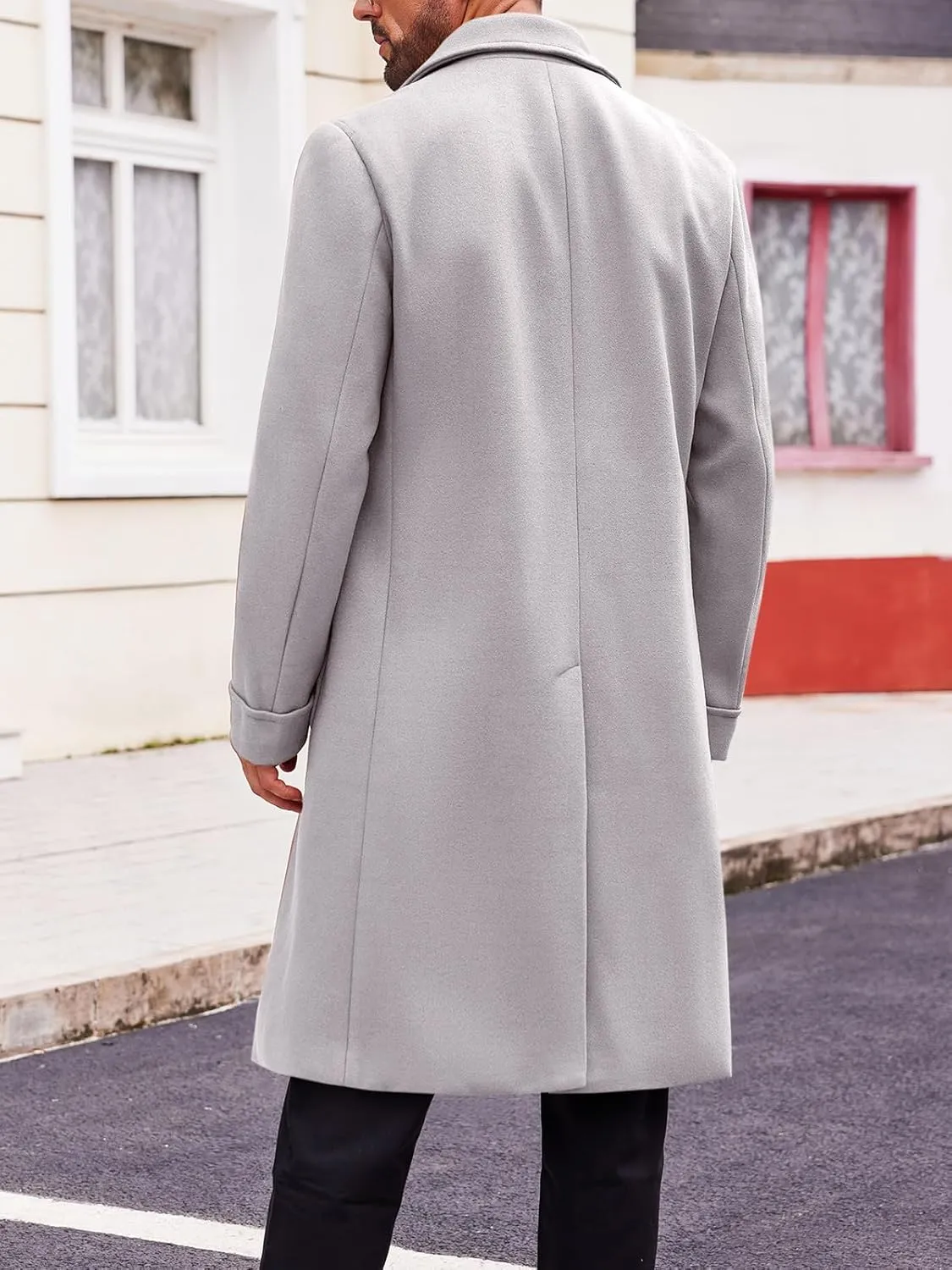 Runcati Mens Trench Coat Notch Lapel Double Breasted Peacoat Wool Blend Casual Long Overcoat