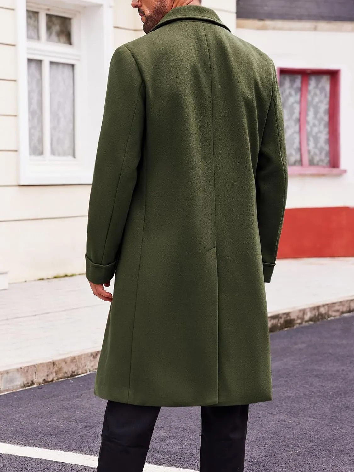 Runcati Mens Trench Coat Notch Lapel Double Breasted Peacoat Wool Blend Casual Long Overcoat
