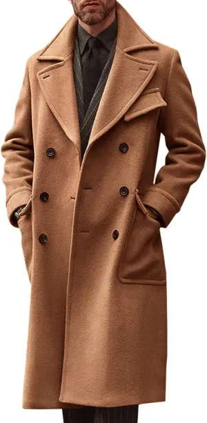 Runcati Mens Trench Coat Notch Lapel Double Breasted Peacoat Wool Blend Casual Long Overcoat