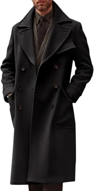 Runcati Mens Trench Coat Notch Lapel Double Breasted Peacoat Wool Blend Casual Long Overcoat