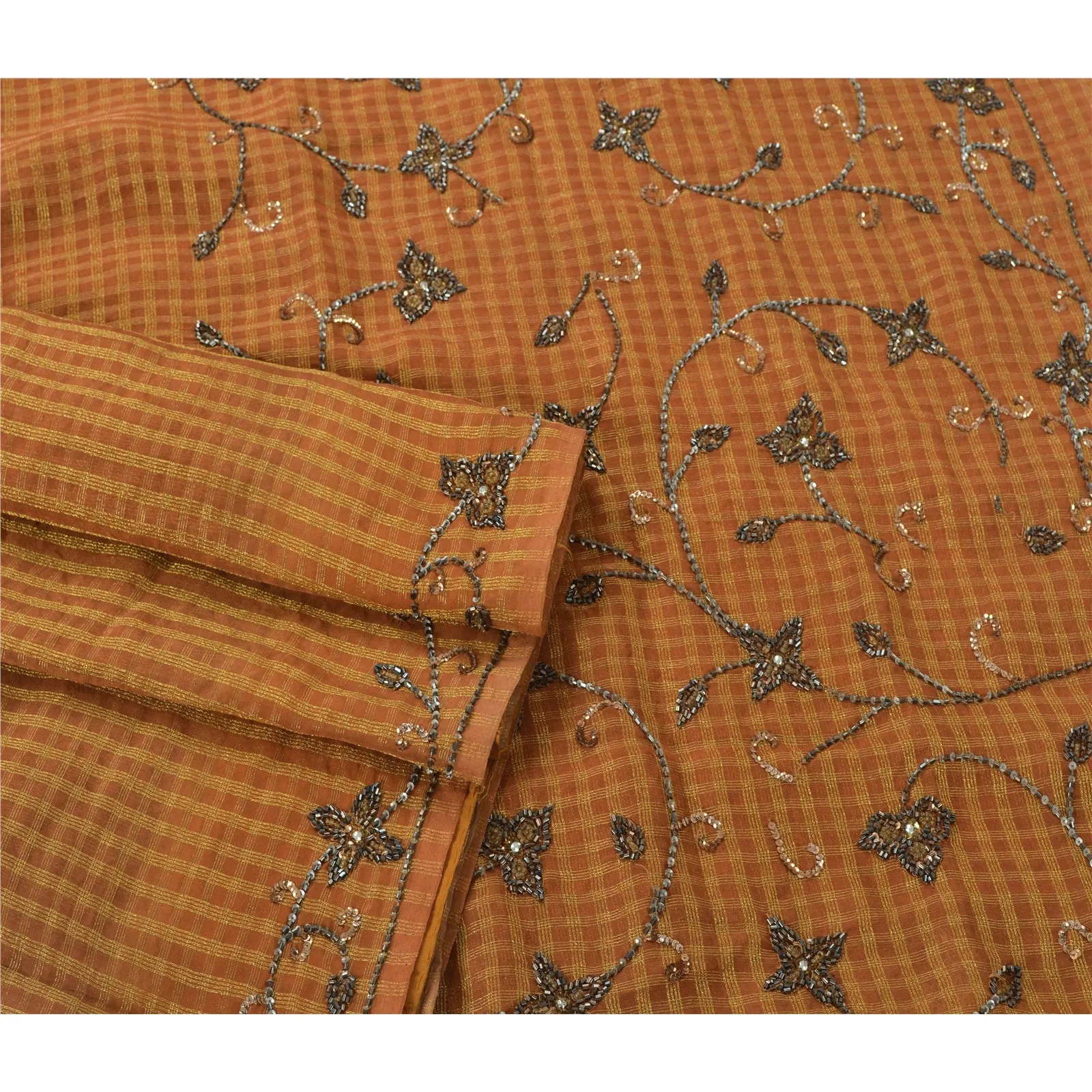 Sanskrit Vintage Orange Saree Georgette Hand Beaded Woven Fabric Premium Sari