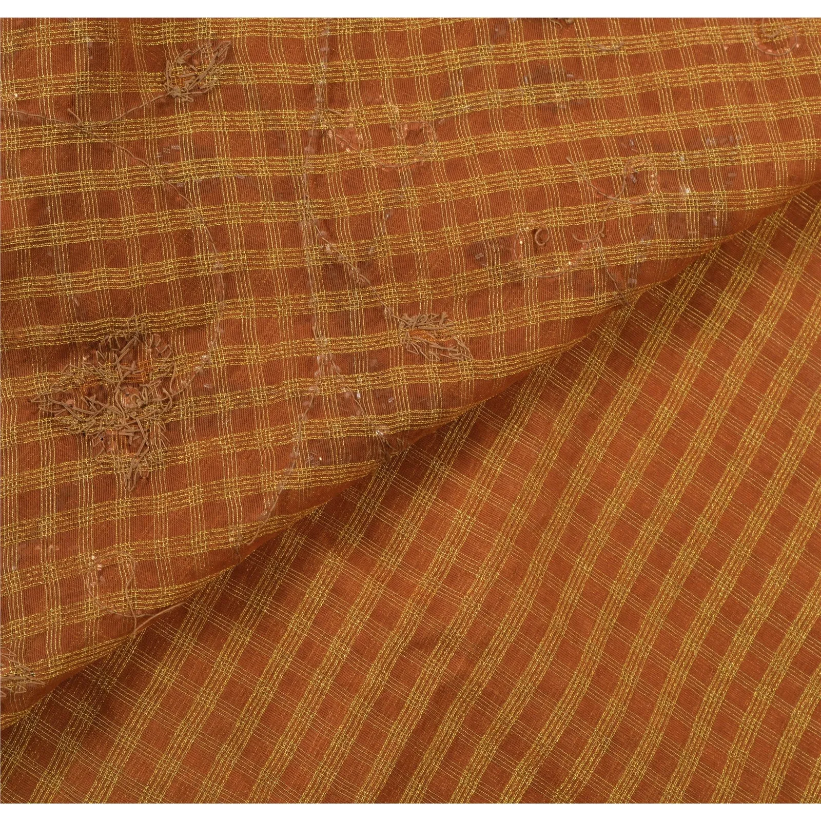 Sanskrit Vintage Orange Saree Georgette Hand Beaded Woven Fabric Premium Sari