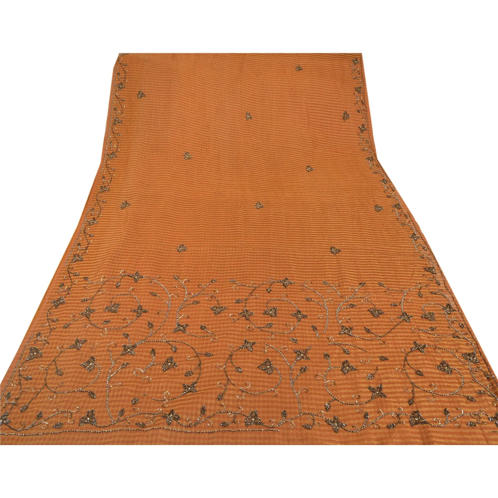 Sanskrit Vintage Orange Saree Georgette Hand Beaded Woven Fabric Premium Sari