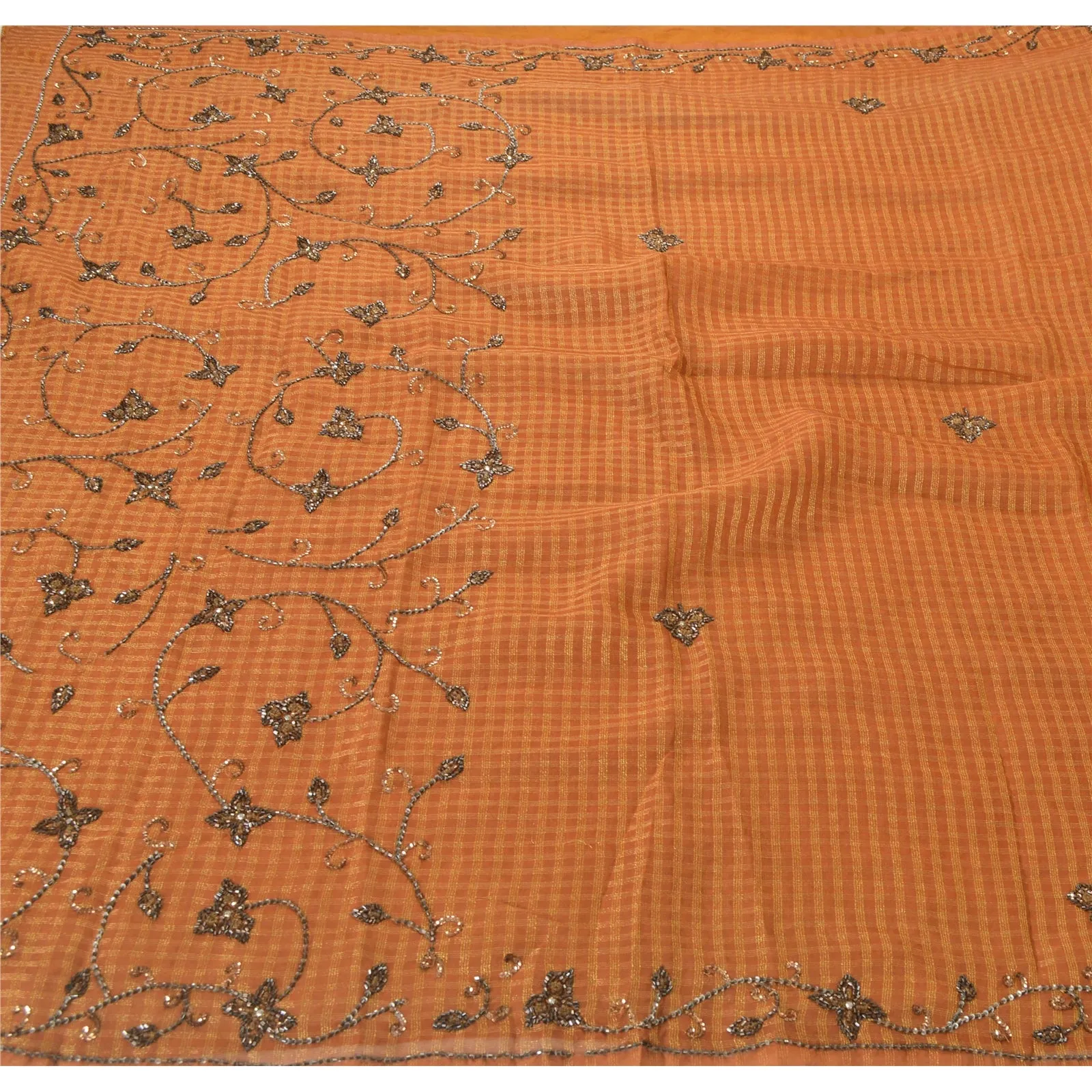 Sanskrit Vintage Orange Saree Georgette Hand Beaded Woven Fabric Premium Sari