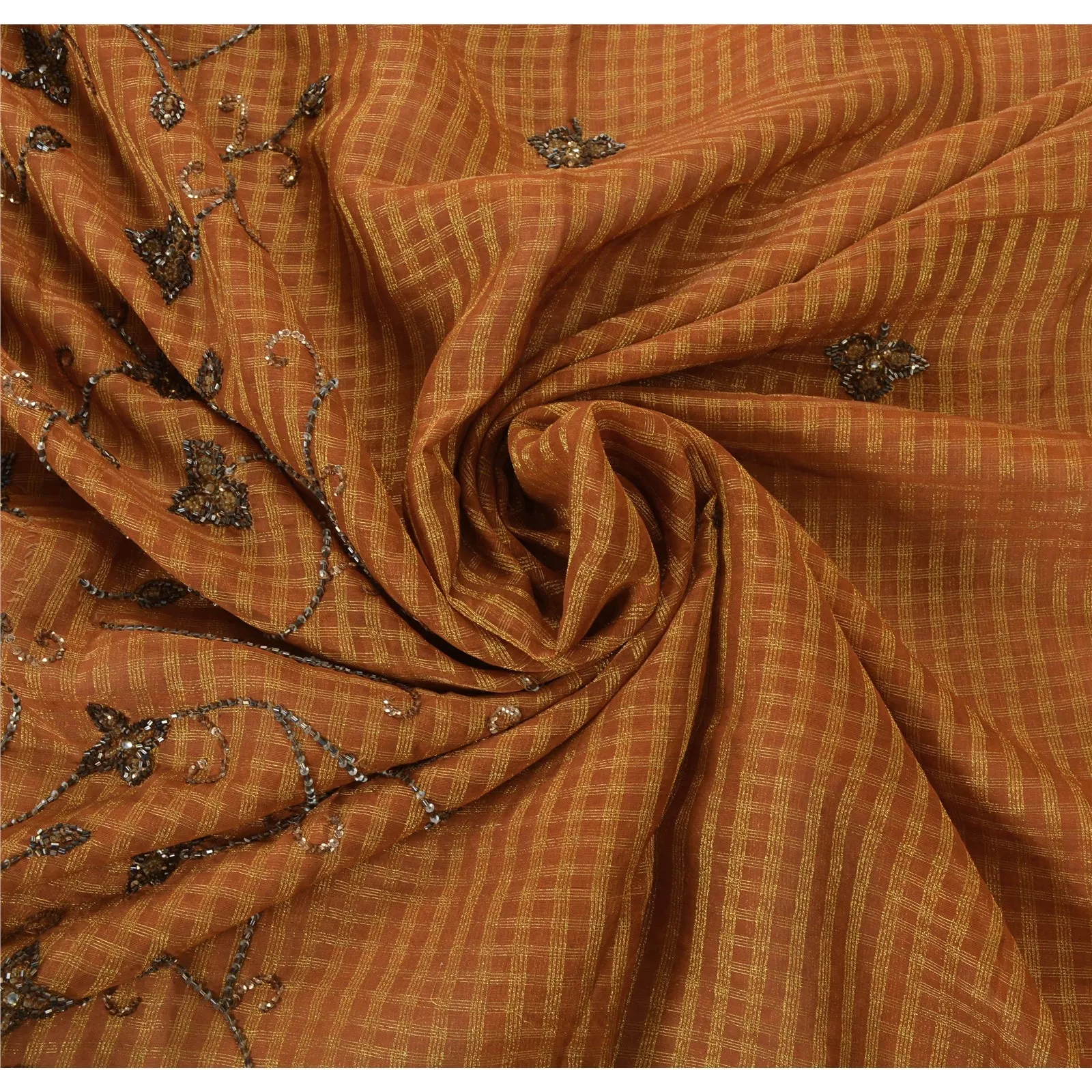 Sanskrit Vintage Orange Saree Georgette Hand Beaded Woven Fabric Premium Sari