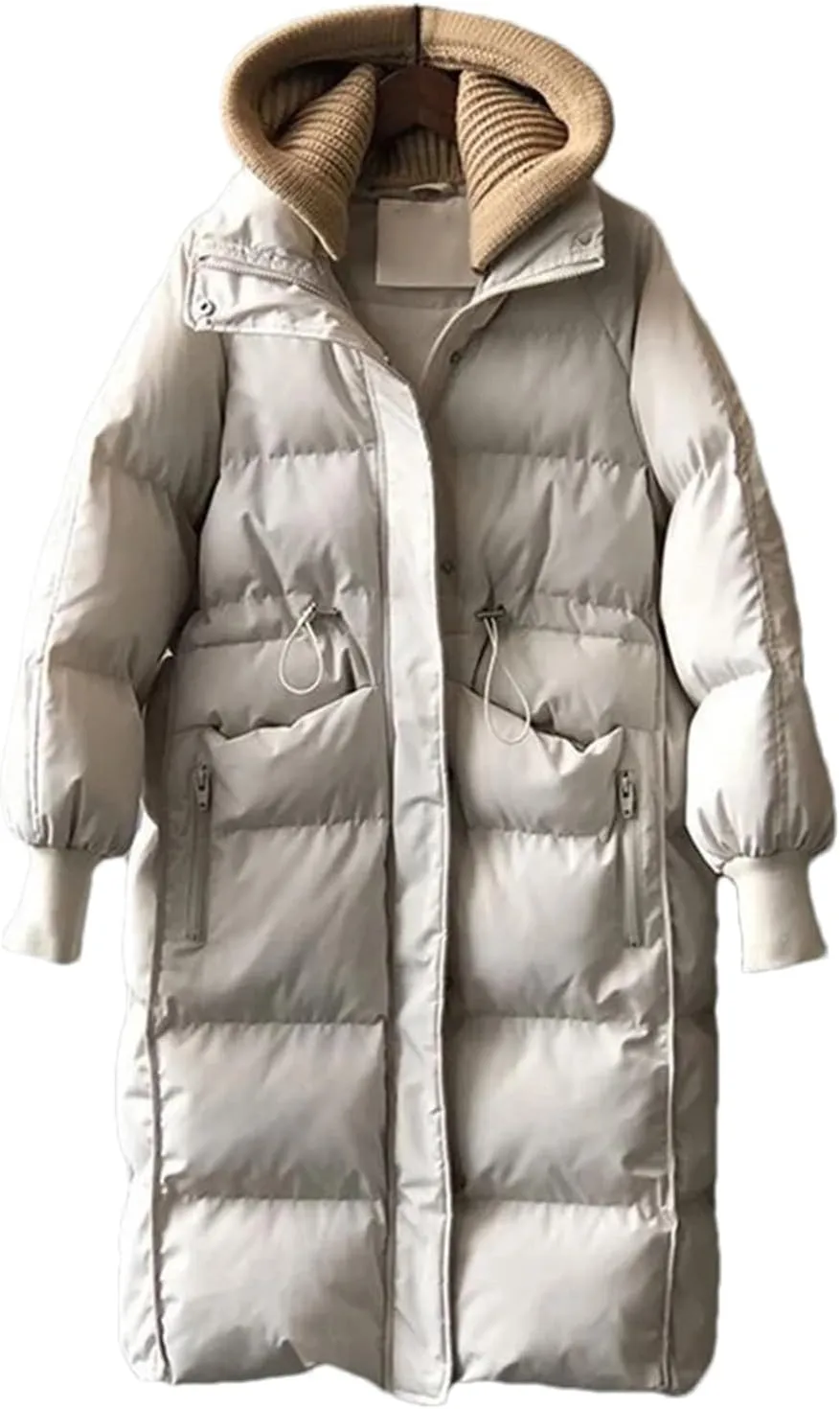 SaoBiiu Women Cotton Padded Removable Hooded Down Jacket Winter Long Loose Thicken Warm Ski Coat