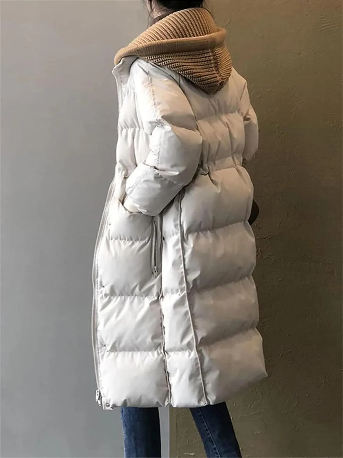 SaoBiiu Women Cotton Padded Removable Hooded Down Jacket Winter Long Loose Thicken Warm Ski Coat