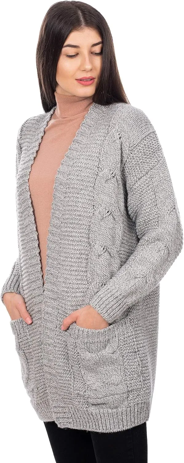 SAOL Irish Wool Cardigan for Women Long Open Front with Pockets