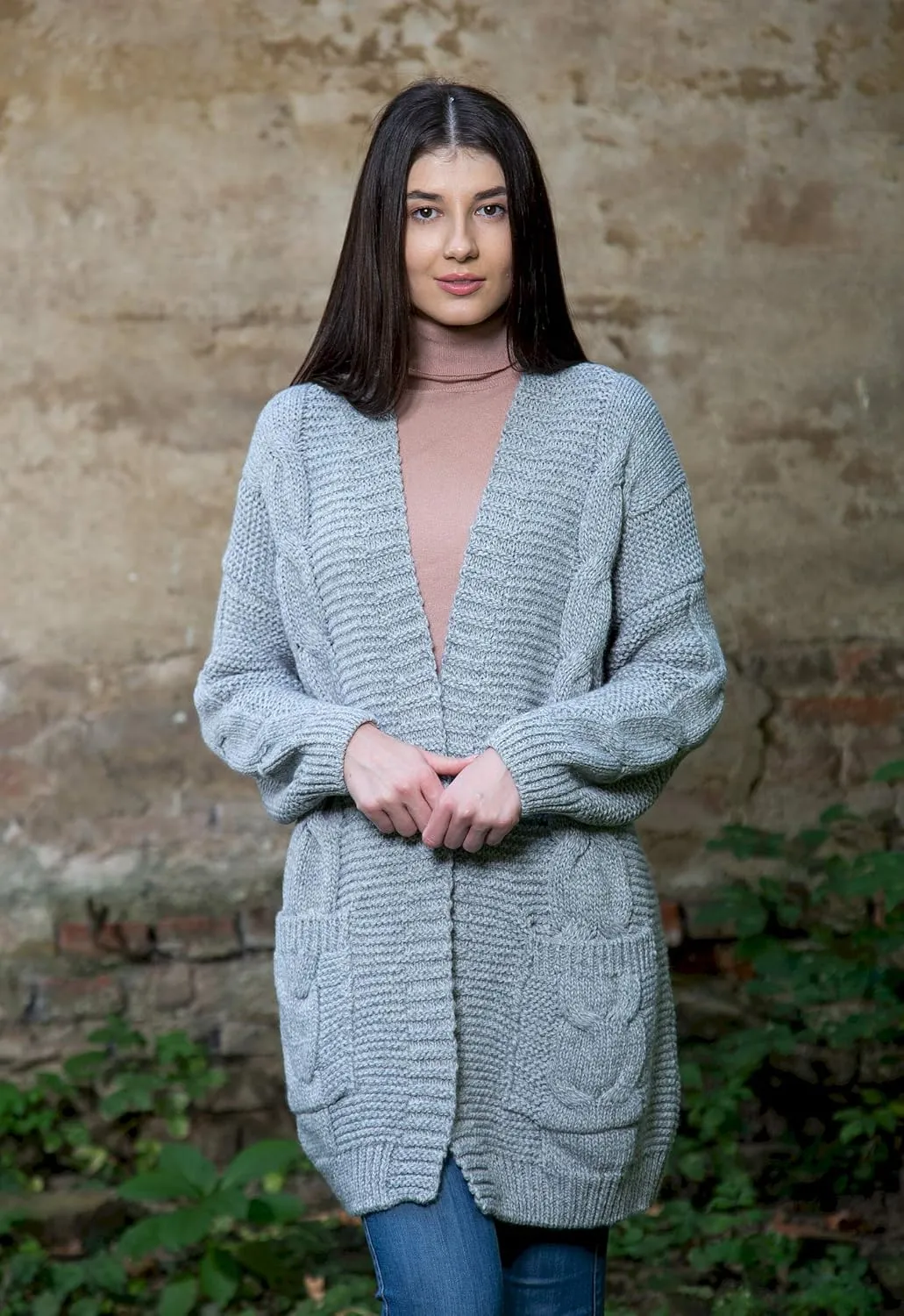 SAOL Irish Wool Cardigan for Women Long Open Front with Pockets
