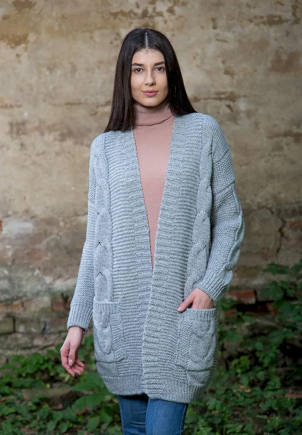 SAOL Irish Wool Cardigan for Women Long Open Front with Pockets