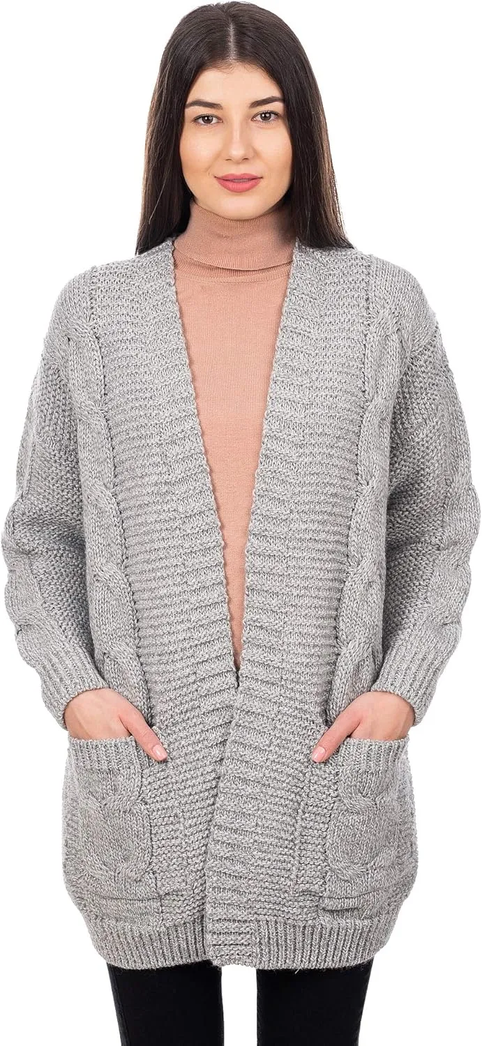 SAOL Irish Wool Cardigan for Women Long Open Front with Pockets