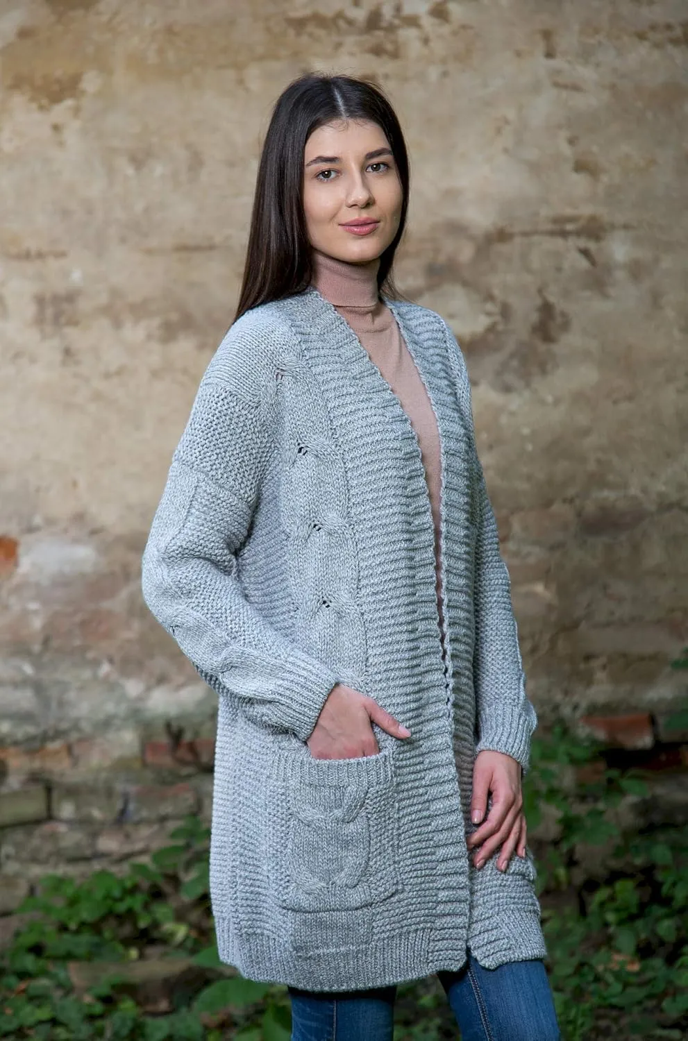 SAOL Irish Wool Cardigan for Women Long Open Front with Pockets