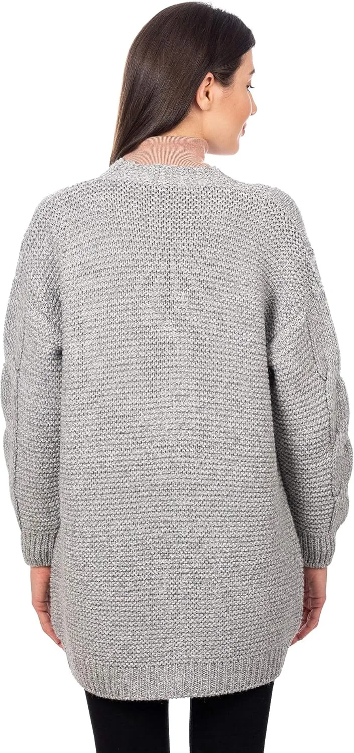 SAOL Irish Wool Cardigan for Women Long Open Front with Pockets