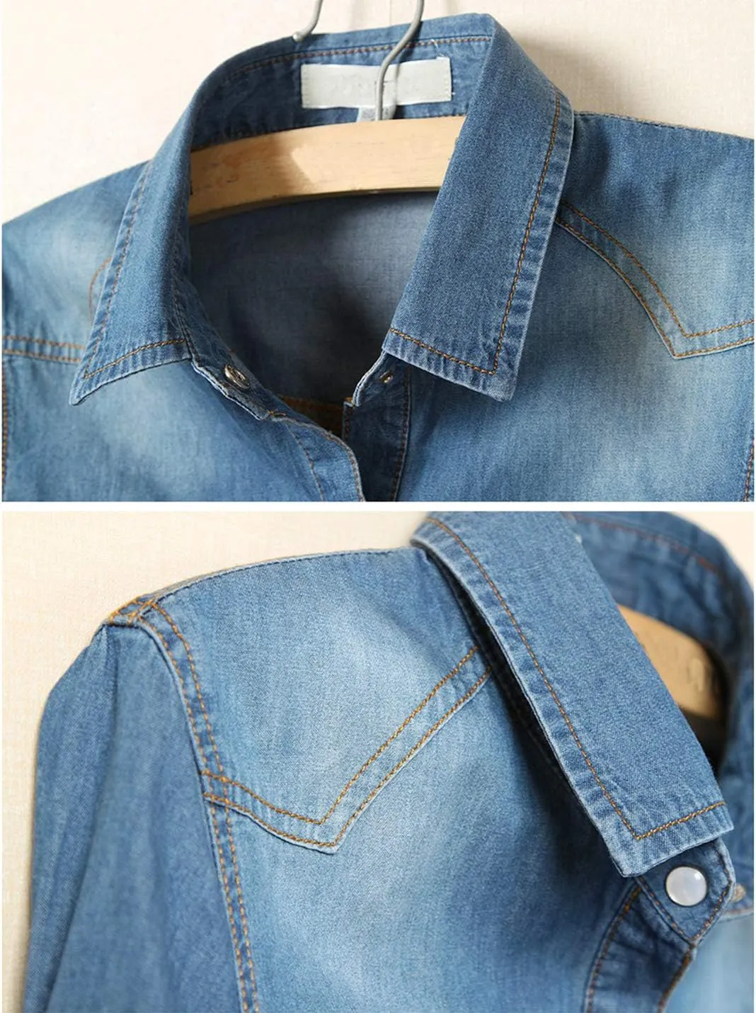 SeekMe Womens Denim Shirts Tie Front Crop Top Button Down Chambray Jean Shirts