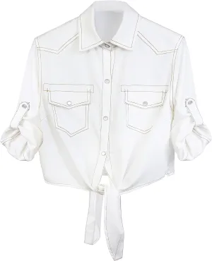 SeekMe Womens Denim Shirts Tie Front Crop Top Button Down Chambray Jean Shirts