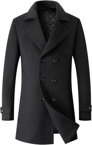 SEMATOMALA Men's Classic Notched Collar Double Breasted Formal Business Work Wool Blend Pea Coat