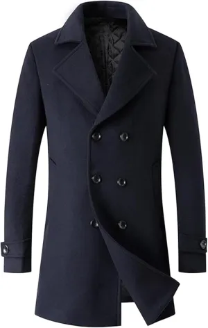 SEMATOMALA Men's Classic Notched Collar Double Breasted Formal Business Work Wool Blend Pea Coat