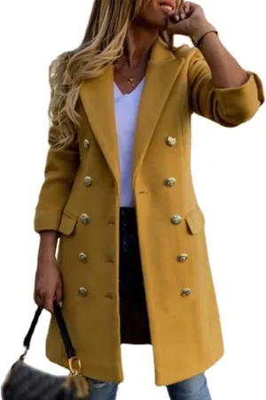SEMATOMALA Women's Double Breasted Slim Fit Wool Blend Coat Notched Lapel Pea Coat Long Blazer Jacket