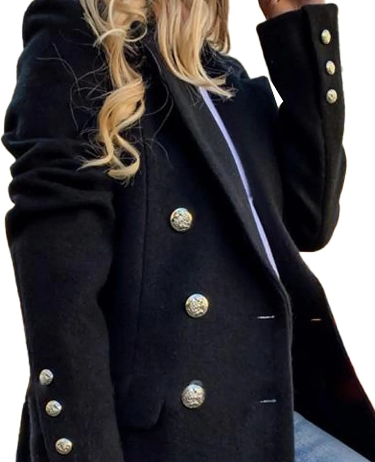 SEMATOMALA Women's Double Breasted Slim Fit Wool Blend Coat Notched Lapel Pea Coat Long Blazer Jacket