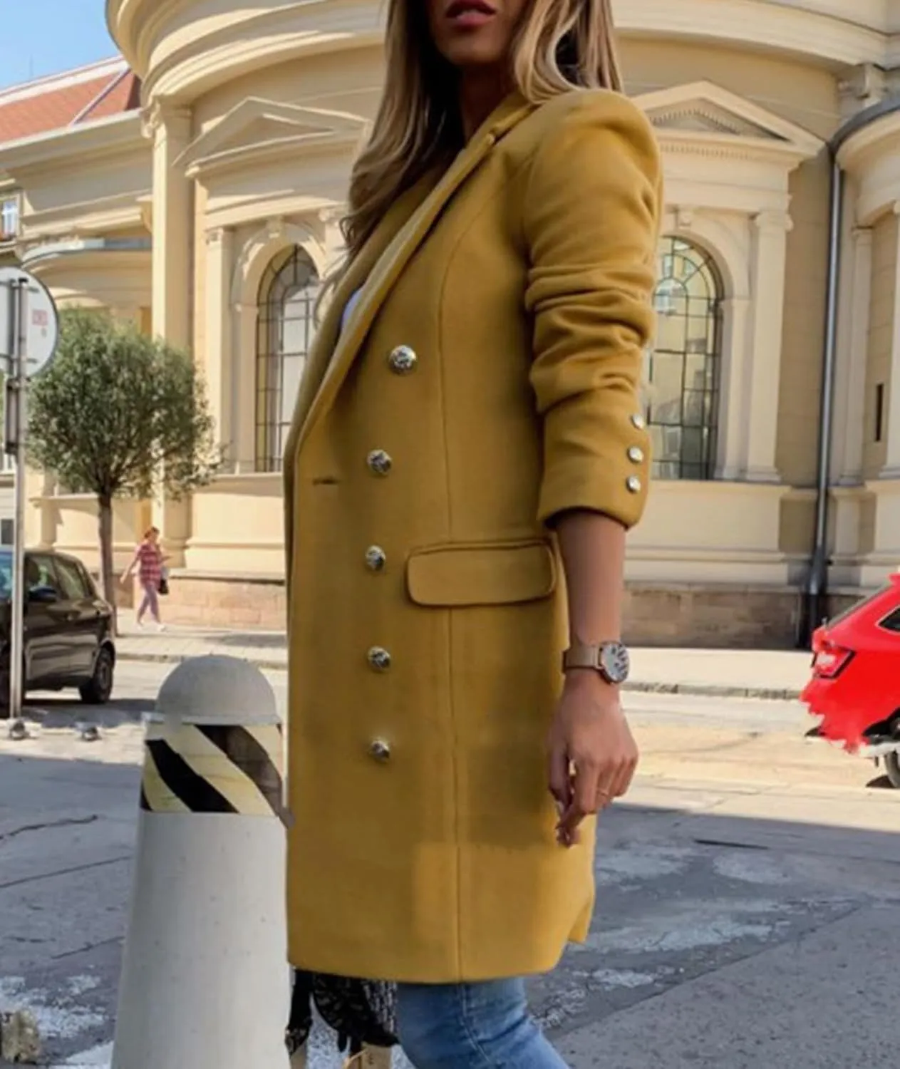 SEMATOMALA Women's Double Breasted Slim Fit Wool Blend Coat Notched Lapel Pea Coat Long Blazer Jacket