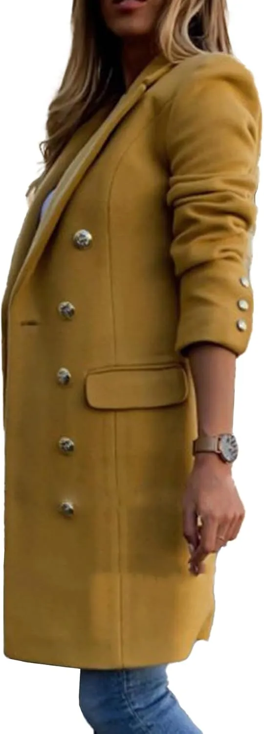 SEMATOMALA Women's Double Breasted Slim Fit Wool Blend Coat Notched Lapel Pea Coat Long Blazer Jacket