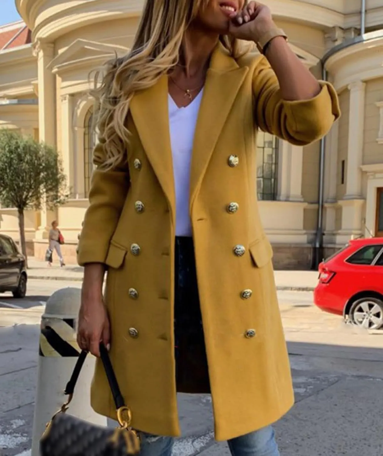 SEMATOMALA Women's Double Breasted Slim Fit Wool Blend Coat Notched Lapel Pea Coat Long Blazer Jacket