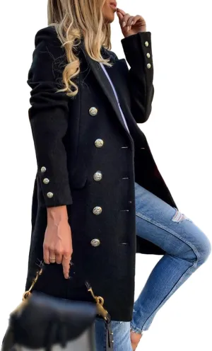 SEMATOMALA Women's Double Breasted Slim Fit Wool Blend Coat Notched Lapel Pea Coat Long Blazer Jacket