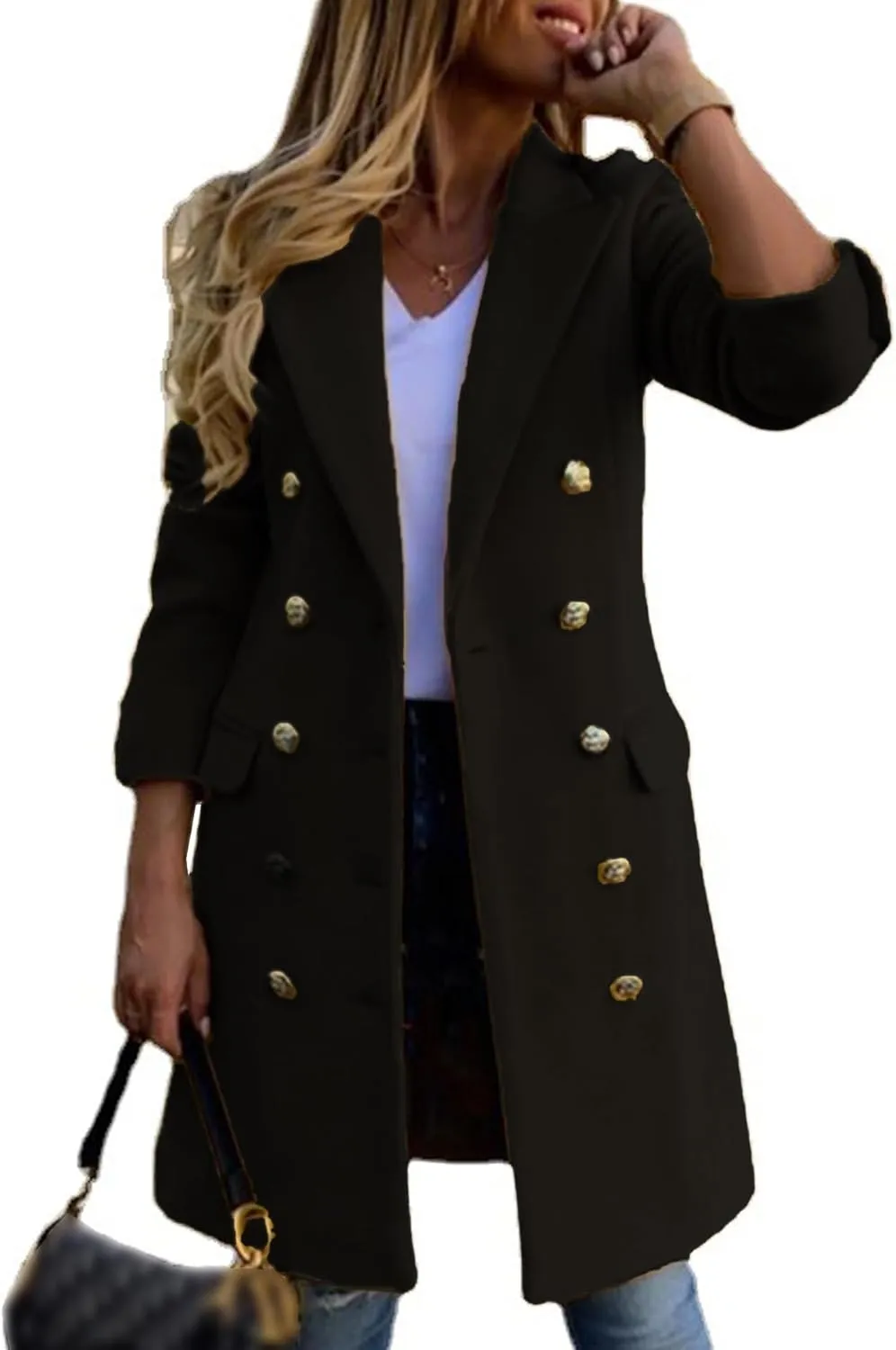 SEMATOMALA Women's Double Breasted Slim Fit Wool Blend Coat Notched Lapel Pea Coat Long Blazer Jacket