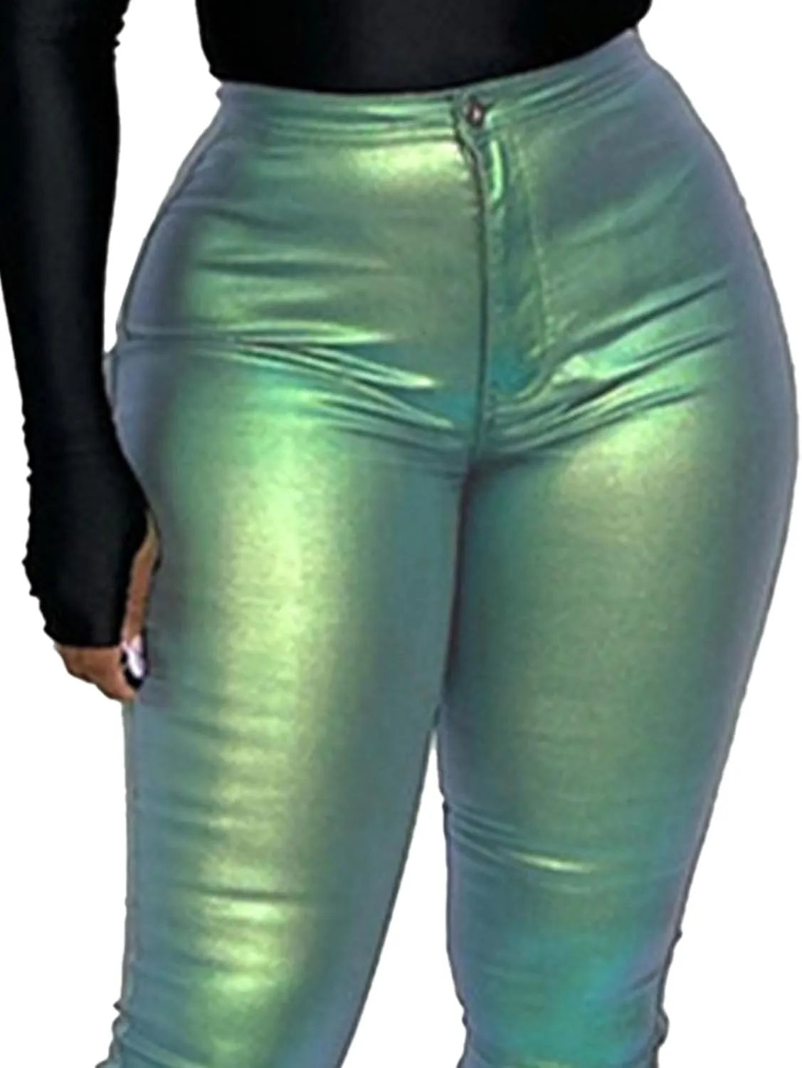 SEMATOMALA Women's Reflective Holographic Shiny Metallic Leggings High Waisted Full Length Soft Skinny Slim Fit Tights