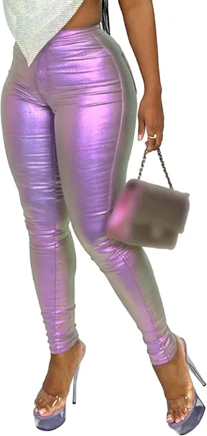 SEMATOMALA Women's Reflective Holographic Shiny Metallic Leggings High Waisted Full Length Soft Skinny Slim Fit Tights