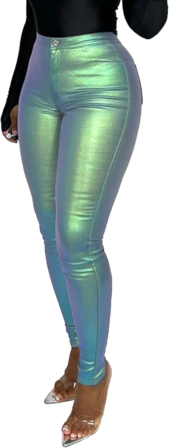 SEMATOMALA Women's Reflective Holographic Shiny Metallic Leggings High Waisted Full Length Soft Skinny Slim Fit Tights