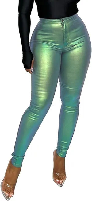 SEMATOMALA Women's Reflective Holographic Shiny Metallic Leggings High Waisted Full Length Soft Skinny Slim Fit Tights