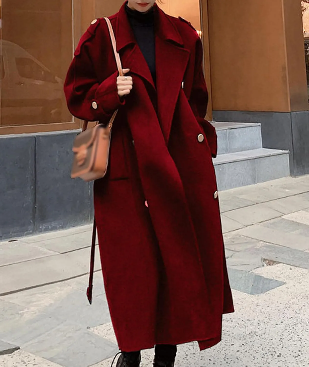SEMATOMALA Women's Winter Double Breasted Midi Long Wool Blend Pea Coat Notched Lapel Oversized Trench Coat