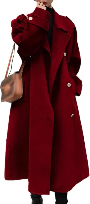 SEMATOMALA Women's Winter Double Breasted Midi Long Wool Blend Pea Coat Notched Lapel Oversized Trench Coat