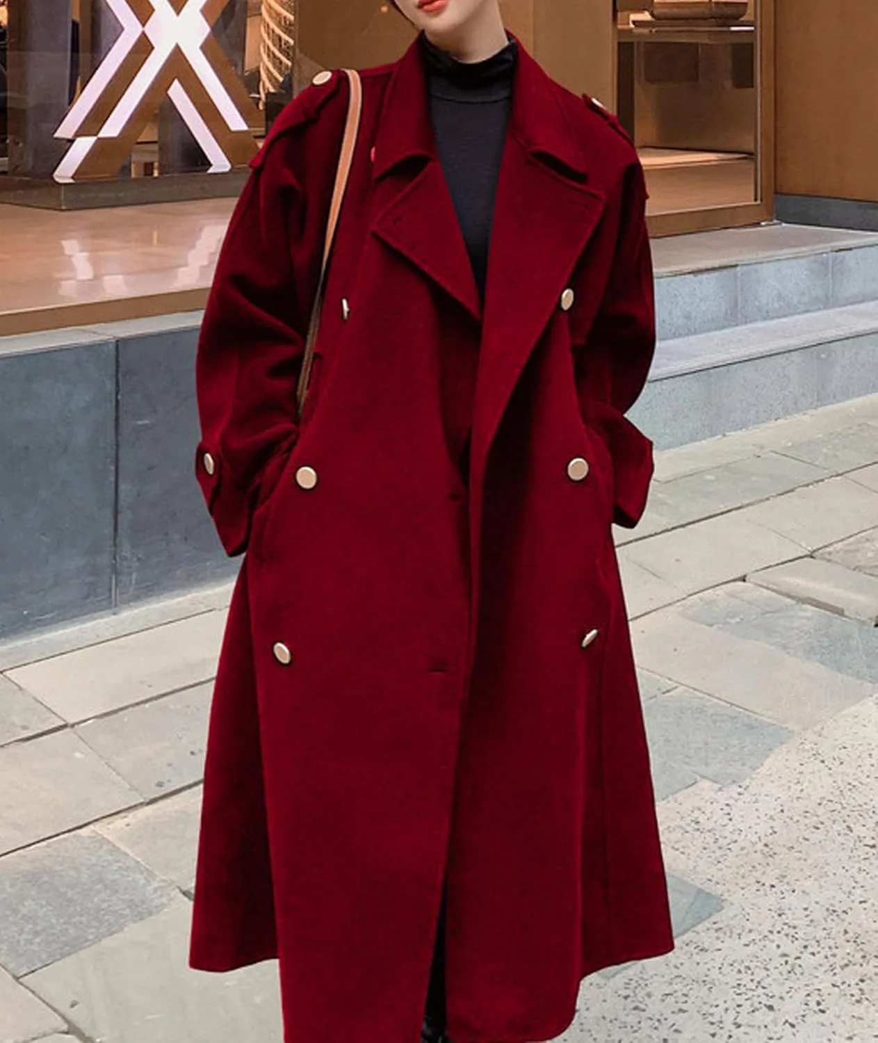SEMATOMALA Women's Winter Double Breasted Midi Long Wool Blend Pea Coat Notched Lapel Oversized Trench Coat
