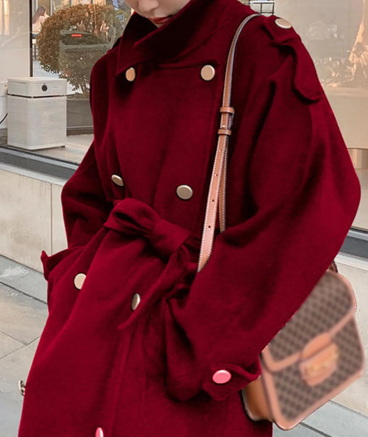 SEMATOMALA Women's Winter Double Breasted Midi Long Wool Blend Pea Coat Notched Lapel Oversized Trench Coat