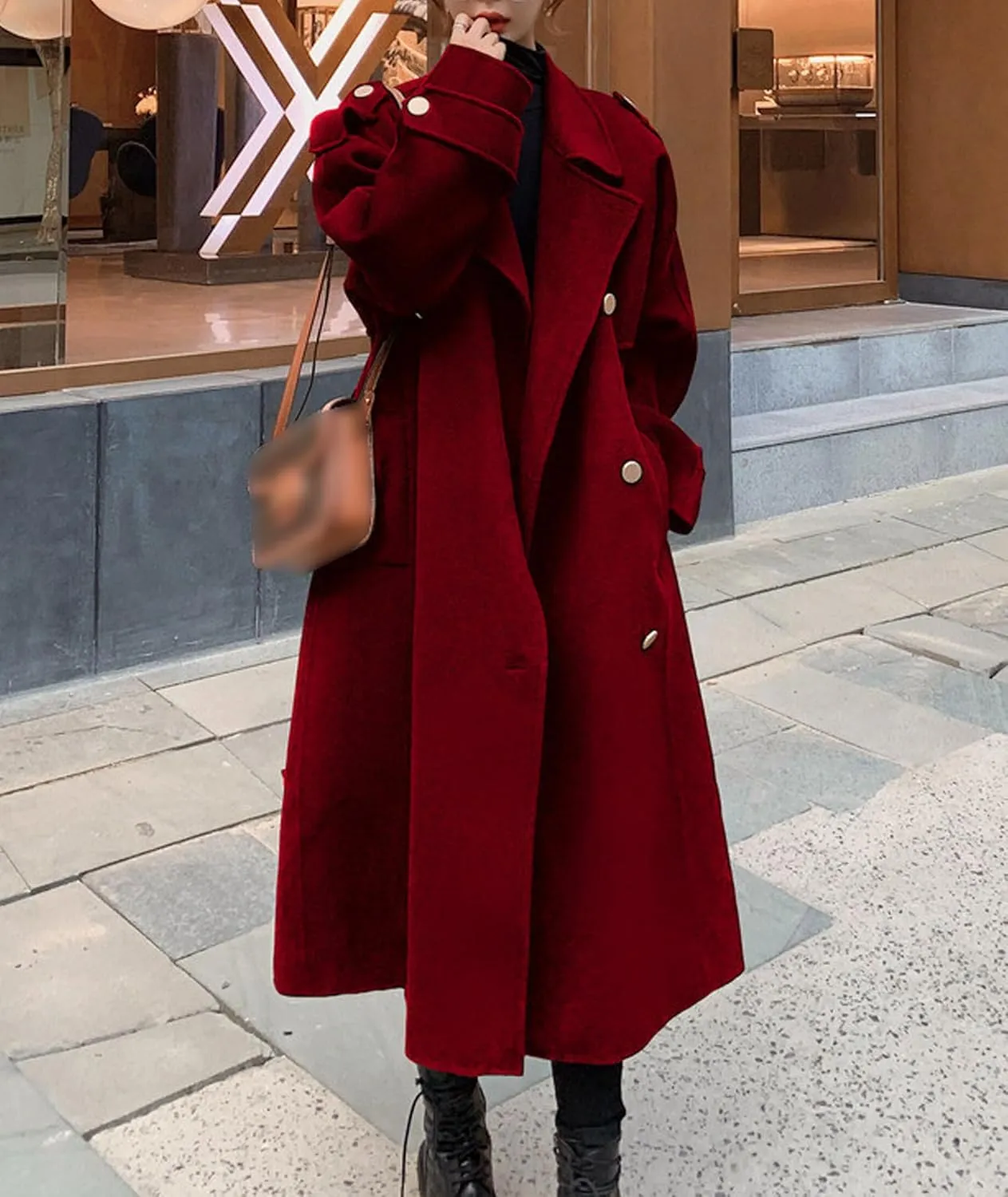 SEMATOMALA Women's Winter Double Breasted Midi Long Wool Blend Pea Coat Notched Lapel Oversized Trench Coat