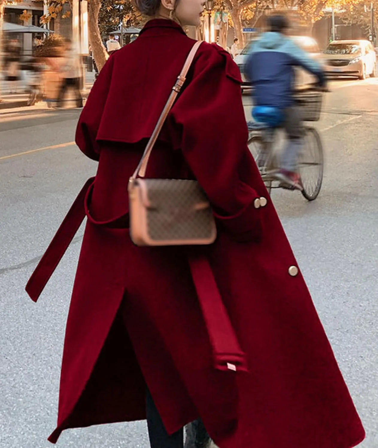 SEMATOMALA Women's Winter Double Breasted Midi Long Wool Blend Pea Coat Notched Lapel Oversized Trench Coat