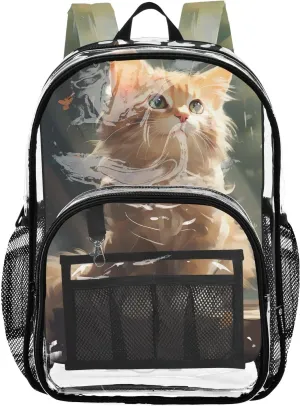 senya Transparent School Bag Docile Cat Travel Backpack With Water-Resistant PVC Plastic Clear Bagpack