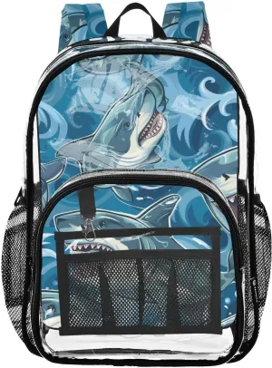 senya Transparent School Bag Sharks Wave Travel Backpack With Water-Resistant PVC Plastic Clear Bagpack