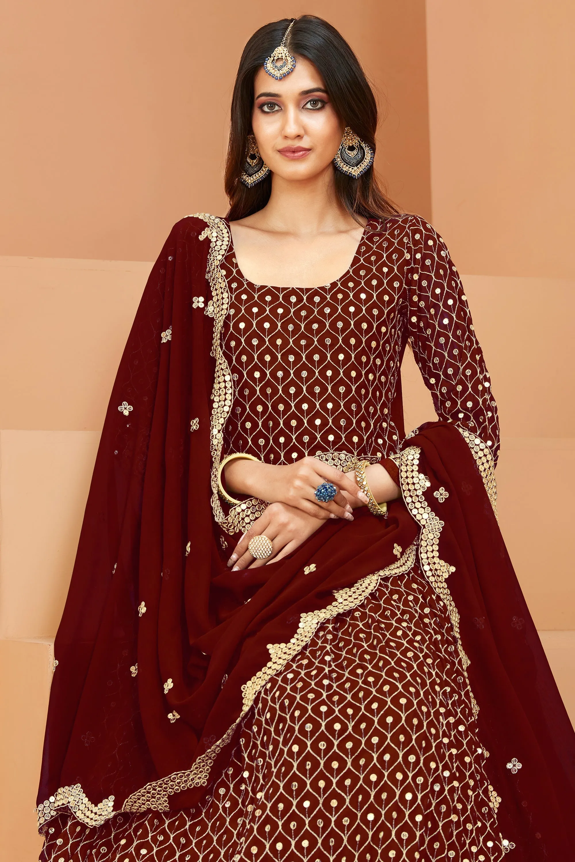 Sequins Work Maroon Color Inventive Anarkali Suit In Georgette Fabric