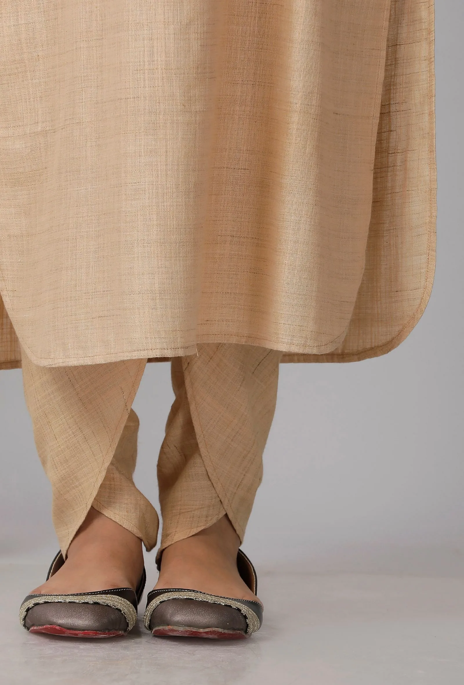 Set of 2: Brown Cotton Khadi Collar Kurta with Dhoti