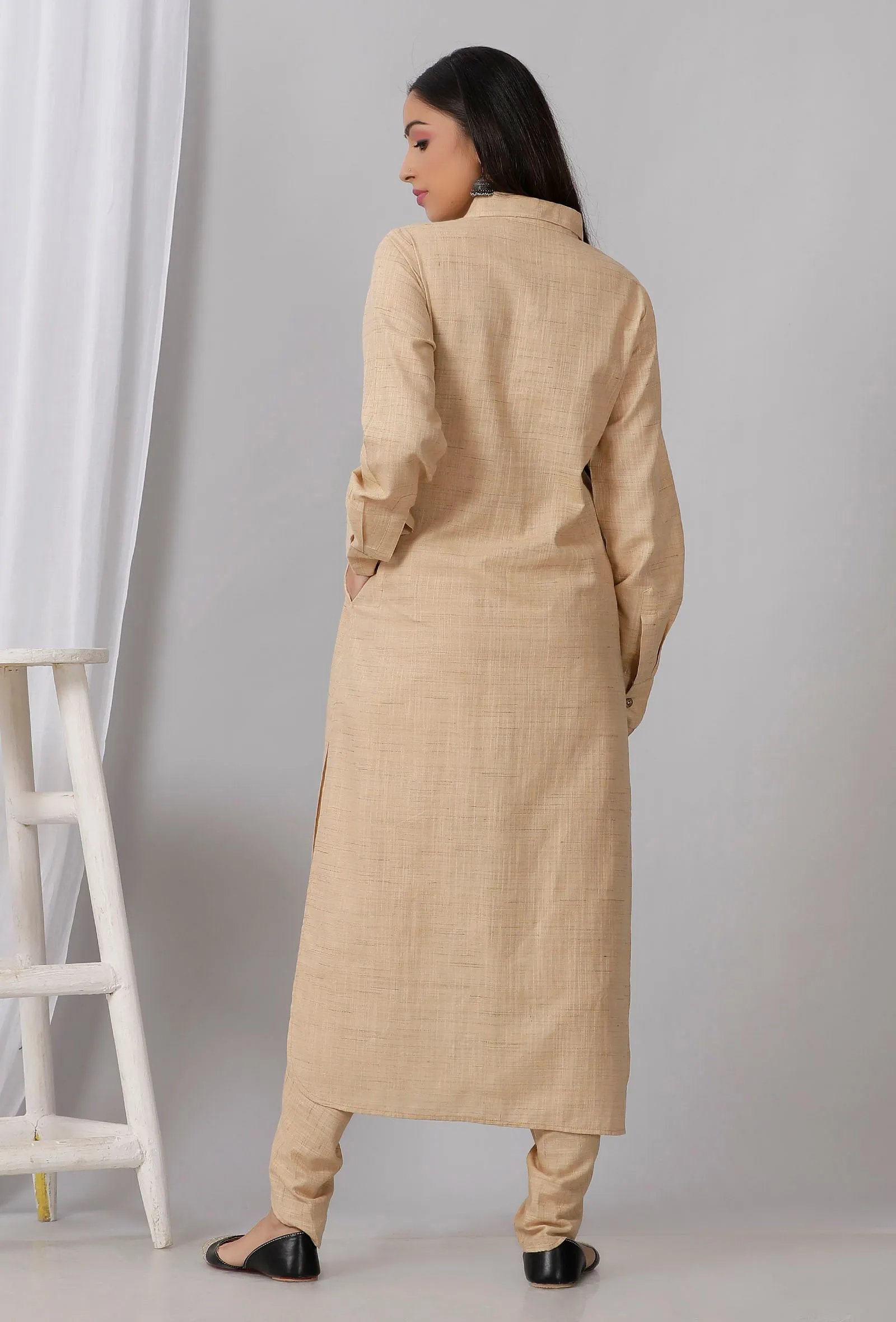 Set of 2: Brown Cotton Khadi Collar Kurta with Dhoti