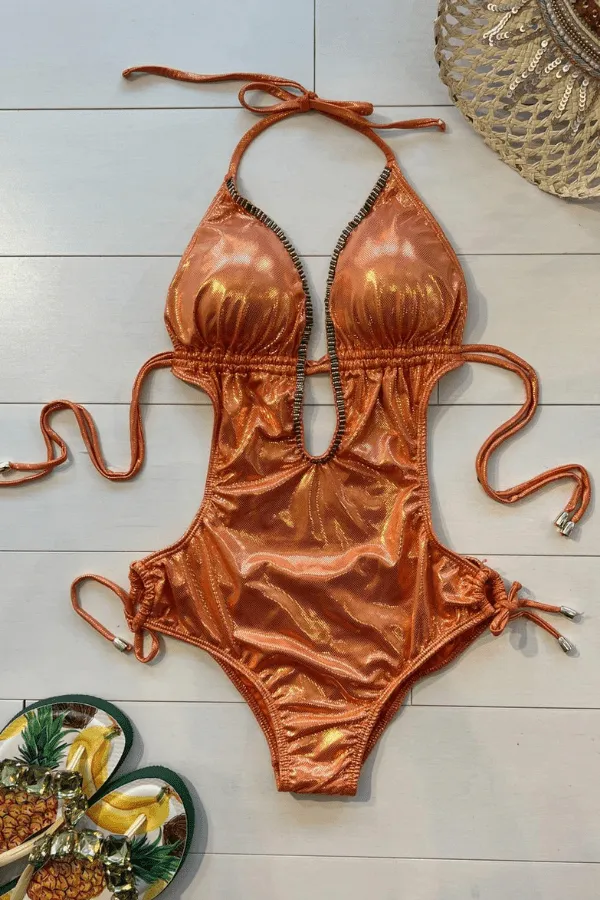 Sexy Orange Metallic Beaded Deep V-Neck Trikini