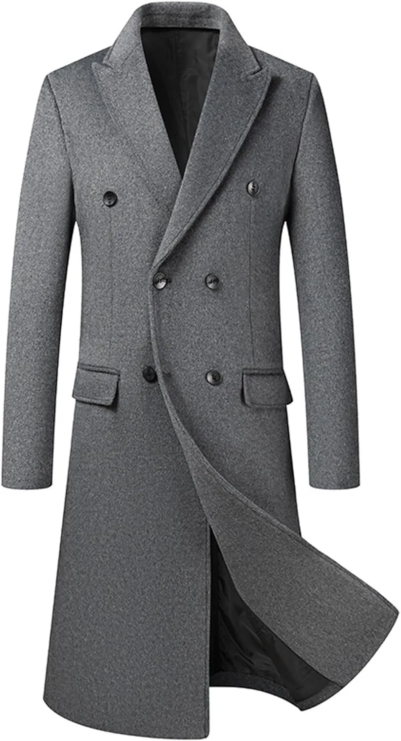 Sexyshine Mens Full Length Wool Trench Coat Notched Lapel Double Breasted Long Overcoat Windbreaker Pea Coat Jacket