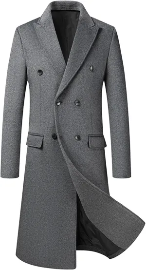 Sexyshine Mens Full Length Wool Trench Coat Notched Lapel Double Breasted Long Overcoat Windbreaker Pea Coat Jacket